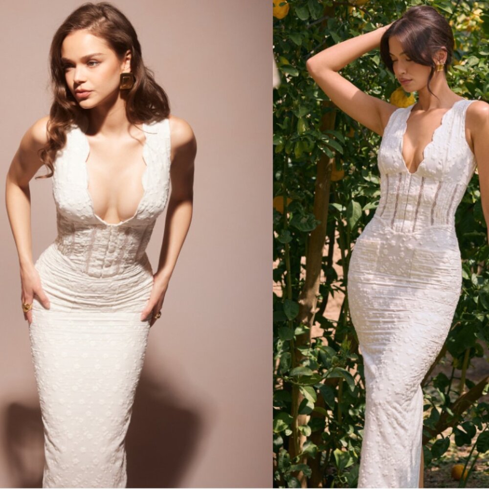 House of CB ‘Sophina’ White Cotton Broderie Anglais Plunge Maxi Dress NWT